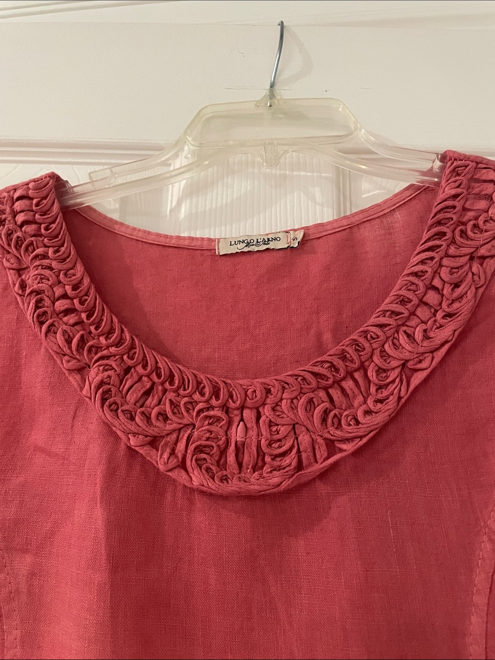 Coral Sleeveless 100% Linen Shift Dress with Braided Scoop Neck - Picture 3 of 8